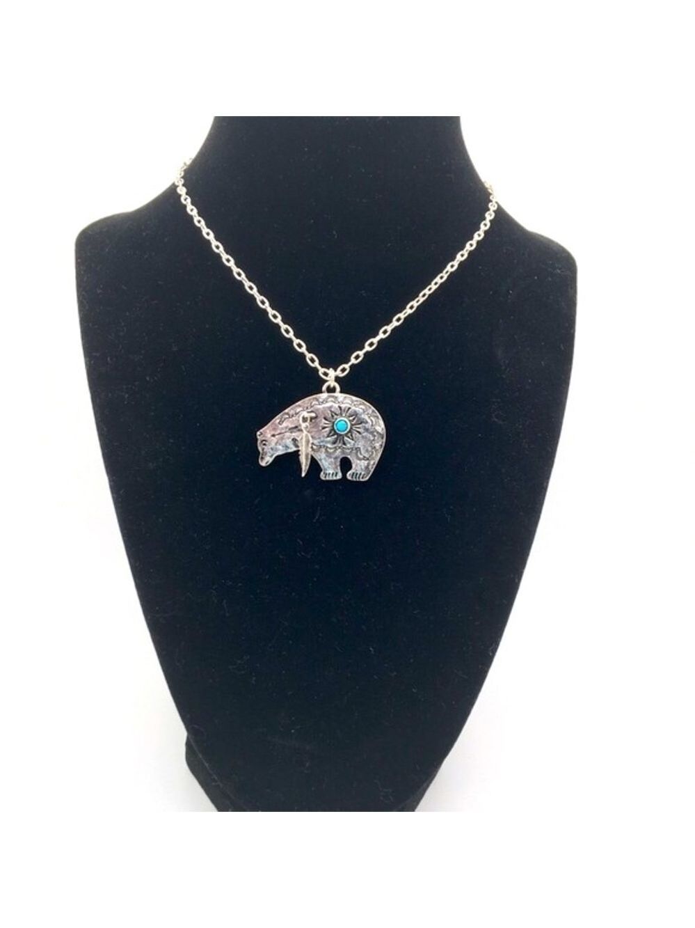 Antiqued Silver Bear Pendant Turquoise Accent Necklace - Picture 2 of 9